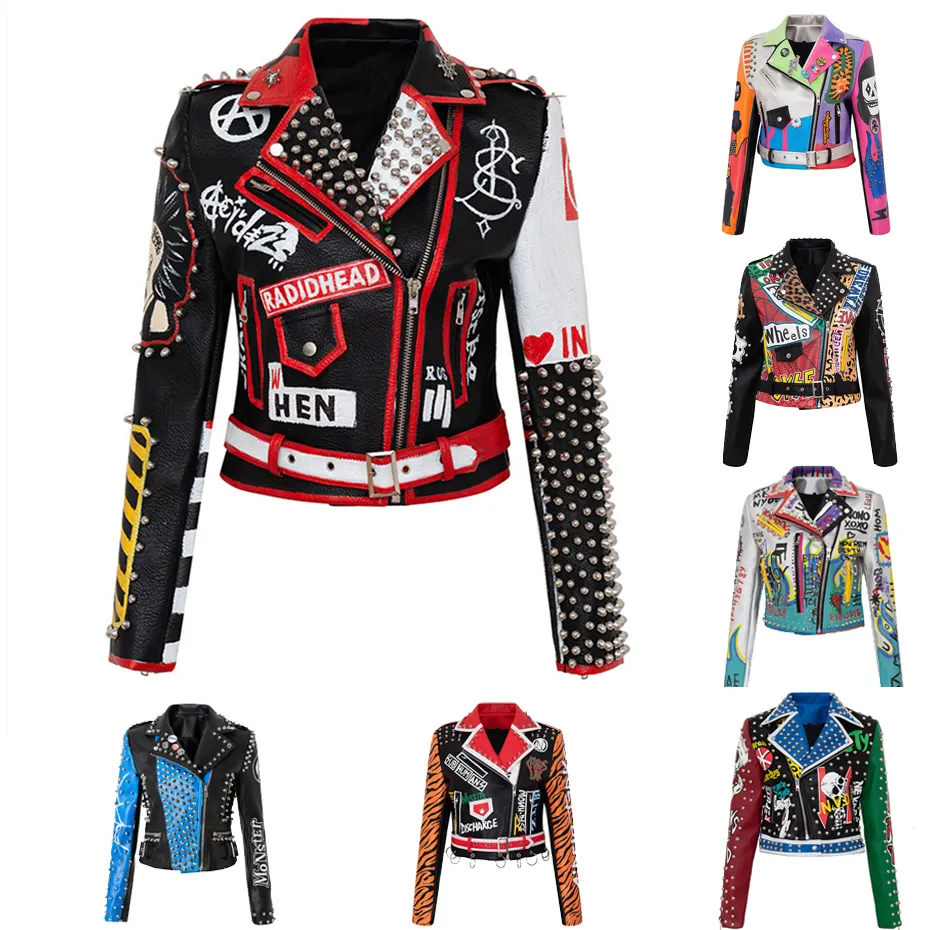 PU Lederjacke Damen Niet Punk Rock Jacke Biker Motorradfahrer Leopard Kurzmantel Leder Top Großhandel Artikel für Business K10128