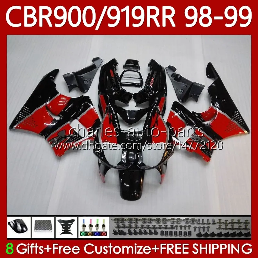 Carrosserie Pour HONDA CBR919 CBR 900 919 RR CC 98-99 Ans Corps 127No.11 CBR 919RR 900RR 919CC CBR900 RR CBR919RR 98 99 900CC CBR900RR 1998 1999 Kit Carénages rouge noir blk