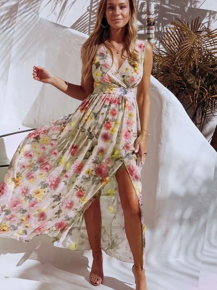 Vtido Floral De Playa Cuello En V Manga Corta Mariposa Bohemio