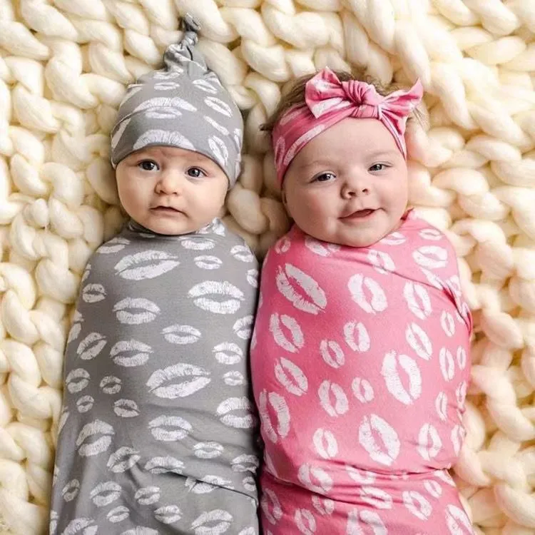 15962 Lips Flowers Baby Swaddle embrulha cobertor cobertor Berçário de roupas de cama de toalhas de bebê embrulhado infantil com fábrica de cabeça de bowknot 3pcs/conjunto