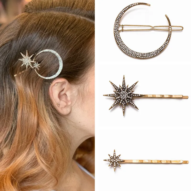 Nova moda Rhinestone Hair Clip Geometric Star Moon Shape Hairpin Crystal Hair Acessórios para mulheres