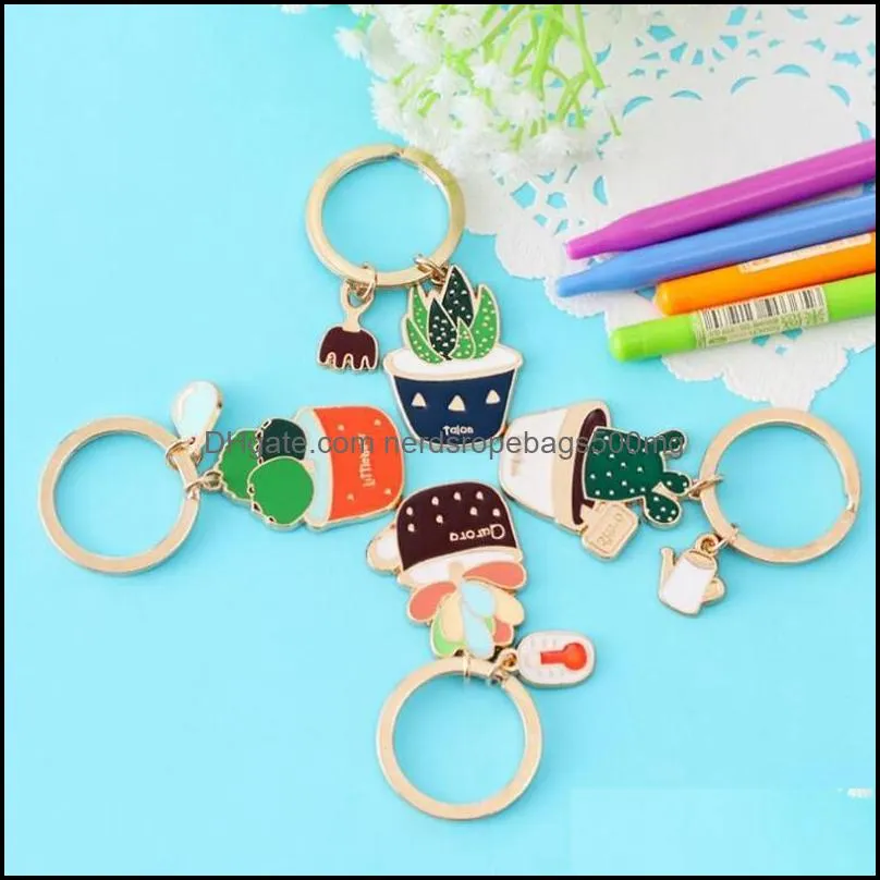 Enamel Cactus keychains women Succulent Potted keychain beach style hat rings creative car key holder cute key finder bag rings 214 S2