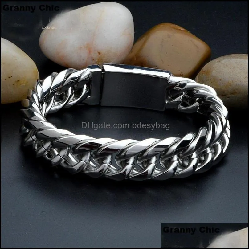 link chain granny chic birthday gift for mens silver stainless steel high quality curb heavy wide bracelet 14mm 8.66