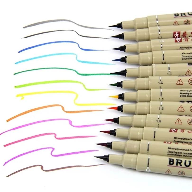 12 couleurs Dessin Artiste Doux Brosse Stylo Croquis Marqueur Pour Les Enfants De L'école Papeterie Aquarelle Conception Peintures Art Supplie 210226