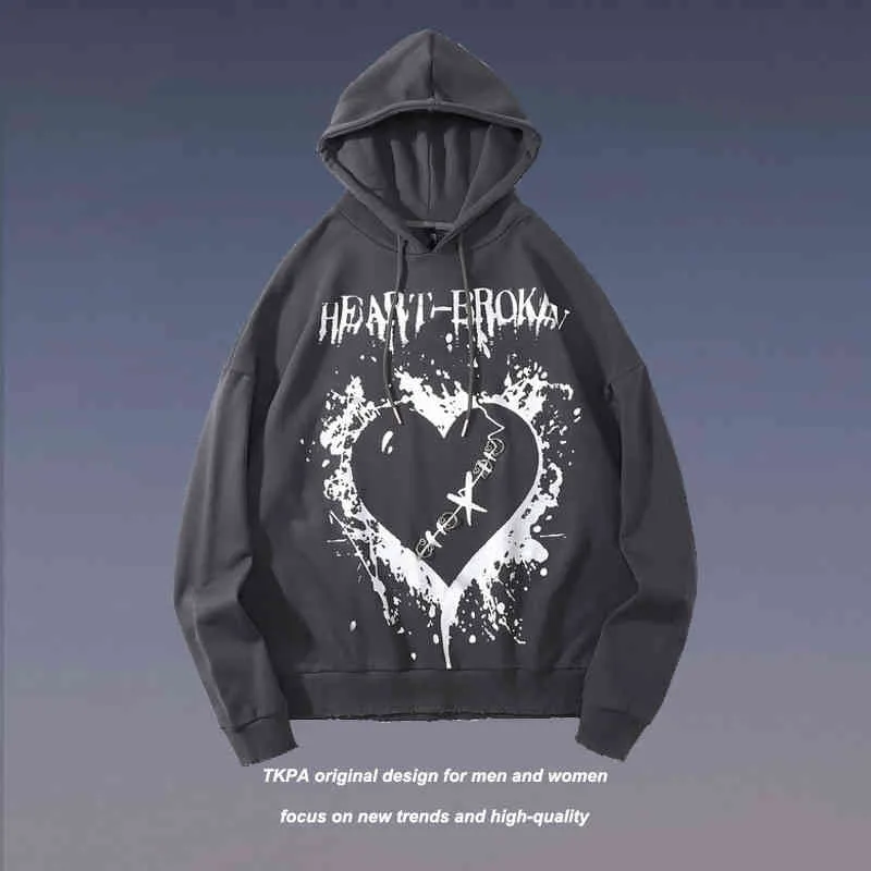 TKPA Gotik Koyu Rüzgar Yanan Aşk Graffiti Baskılı Hoodie Net Kırmızı Tide Marka Gevşek Çift