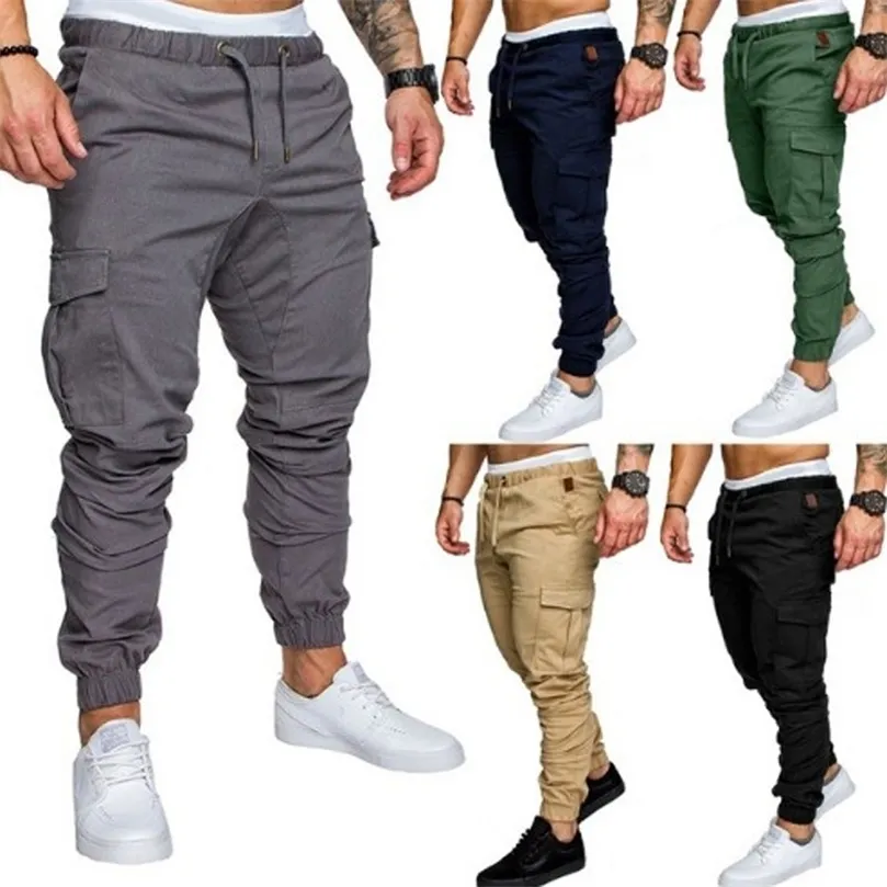 Joggers casuais calças de cor sólidas homens algodão elástico de calça longa Pantalon Homme Pontas de carga do Exército Militar de Mulho Men leggings 201126