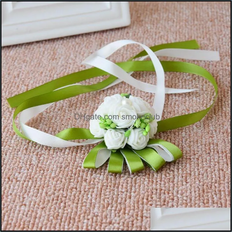 Wedding wrist hand flowers bride bridesmaids wrist corsages groom corsages boutonniere white wedding decorations GWB14233