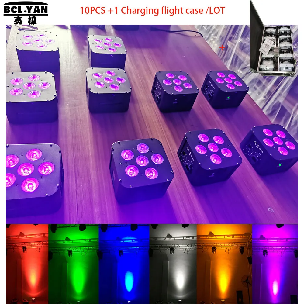 (10pcs +1 Case à mouche / lot) LED LED sans fil DMX LED Uplights 6 * 18W RGBWYP IRC Batterie Power Mariage Décoration LED PAR ÉCLAIR