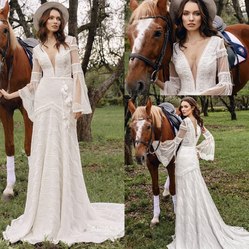 Abiti da sposa da spiaggia in cotone con pizzo all'uncinetto 2022 Abiti da sposa senza schienale con scollo a V a maniche lunghe in stile bohémien abiti da sposa