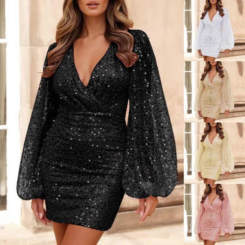 Vestidos casuales vestido de lentejuelas para mujer cuello en V profundo ce ido al cuerpo fiesta club nocturno corto brillante tela brillante