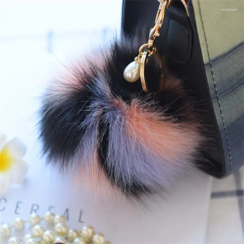 Keychains Fake Fur Brand Bag Keychain Pompom Car Keyring Gold Color Chains Pompons Fluffy Pom Charms Chai Miri22