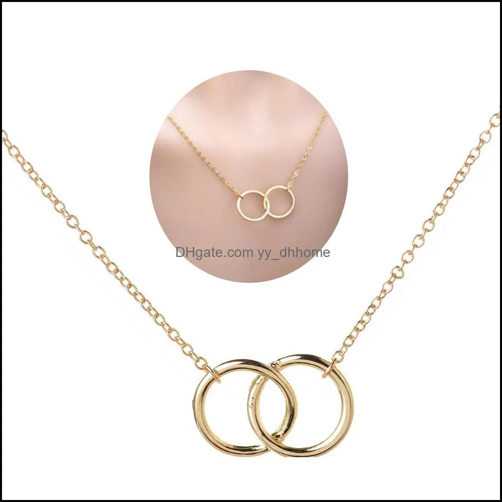 Infinity Double Circle Pendant Necklace Simple Design Sister Jewellry for Women Girl Gold Clavicle Chain Necklaces Stainless Steel
