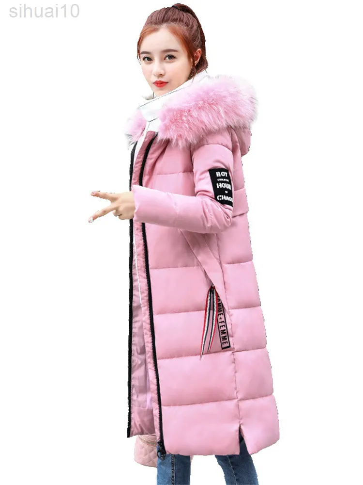 Coat mulheres 2022 inverno novo moda coreana slim grande colarinho com capuz de capuz rosa parkas caramelo de espessura em jaquetas de algodão feminina l220730