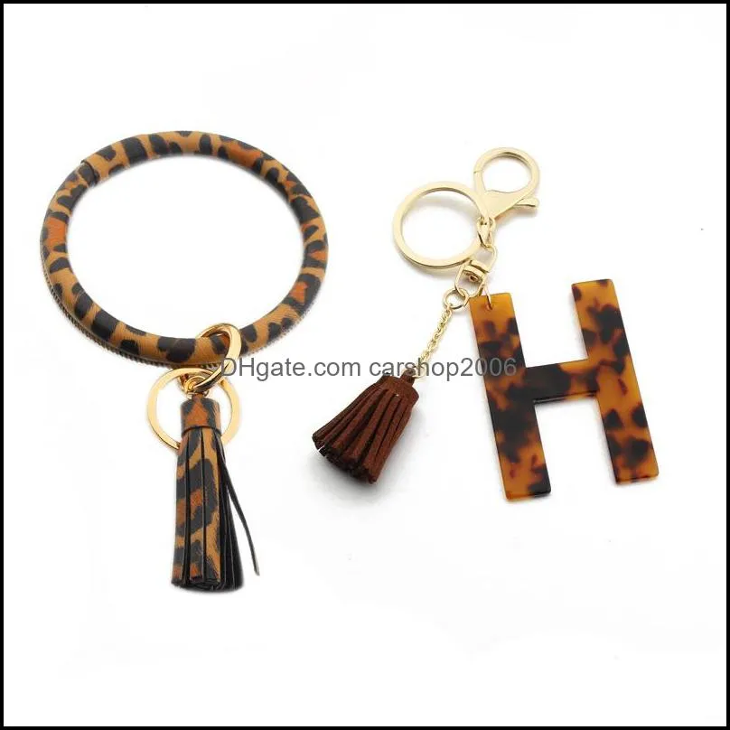 acrylic letters wristlet key ring tassel leopard circle bangle keychains chain leather keychain bracelet for women q43fz