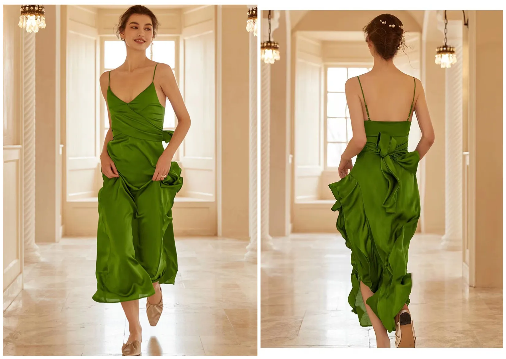 Sleepwear Backless Green Long Skirt Summer Large Swing Skirt Lotus Leaf Wedding Bride Suspender Dressing Gown Female Autumn and Winter