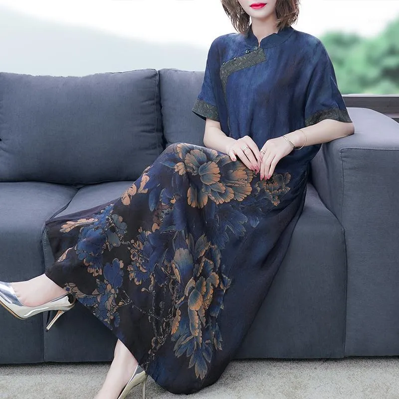 Ethnic Clothing Retro Asian Style Korea Hanbok Gown Oriental Costume Classical Blue Hanfu Print Flower Summer Dress Women Plus Size