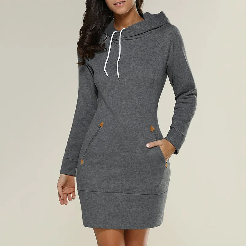 Spring And Autumn Ladies Knee Length Dress Hooded Warm Sweatshirt Long Sleeve Camp Collar Pocket Simple Casual Sports 220521