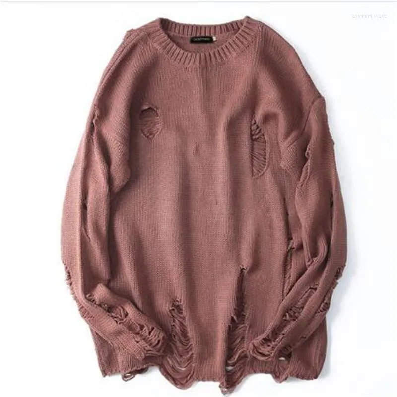 Mens Hip Hop Knitted Sweater With Ripped And Distressed Holes