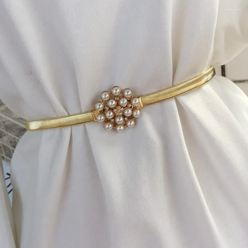 Belts Ladies Elastic Chain Gold Silver Thin Mitation Pearl Flower Leaves Metal Buckle Cummerbunds All-Match Dress Shirt BeltBelts Emel22