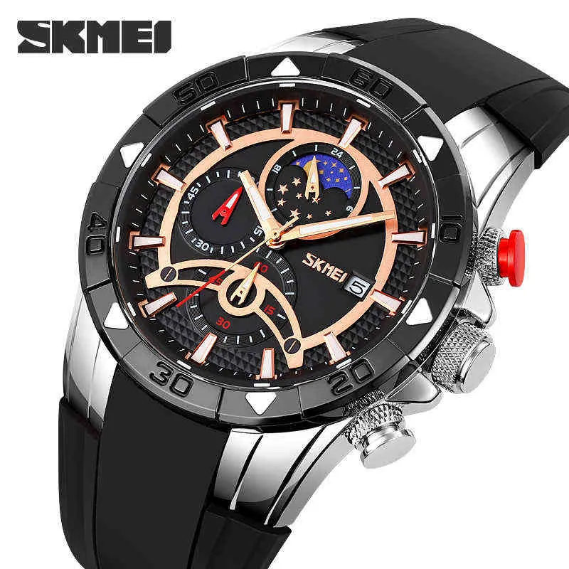 SKMEI 2022 New Fashion Quartz Movement Men Sport es Waterproof Moon Phase Stop Clock Male Relogio Masculino Y220707