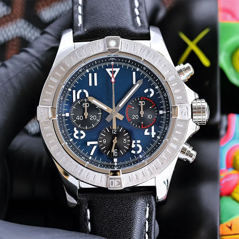 남성 시계 완전 석영 운동 시계 손목 시계 사파이어 43mm 가죽 나일론 스트랩 방수 블루 다이얼 Montre de Luxe