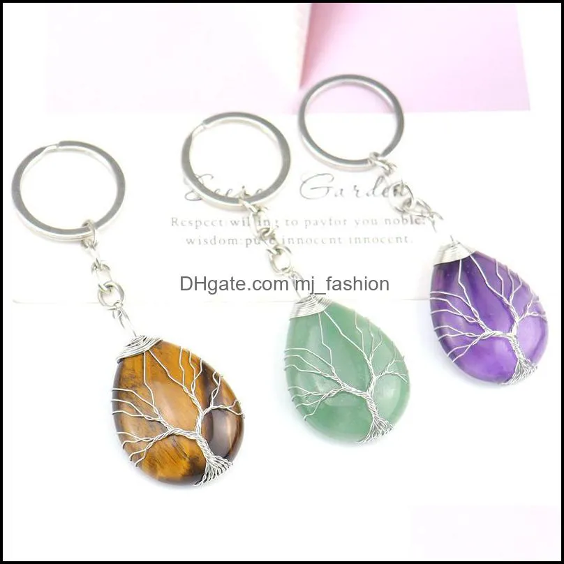 handmade tree of life key rings waterdrop natural stone healing crystal quartz keychain keys chain key rin mjfashion