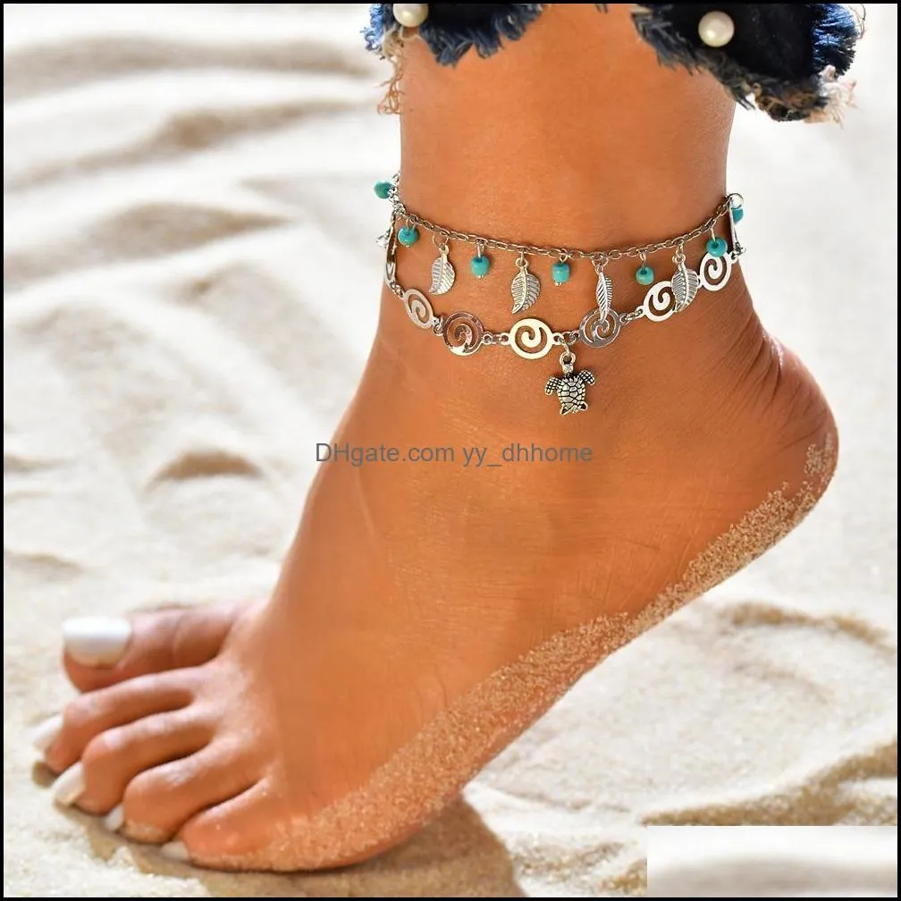 Vintage Silver Color Surf Anklets For Women Bohemian Beads Leaves Anklet Fashion Summer Jewelry