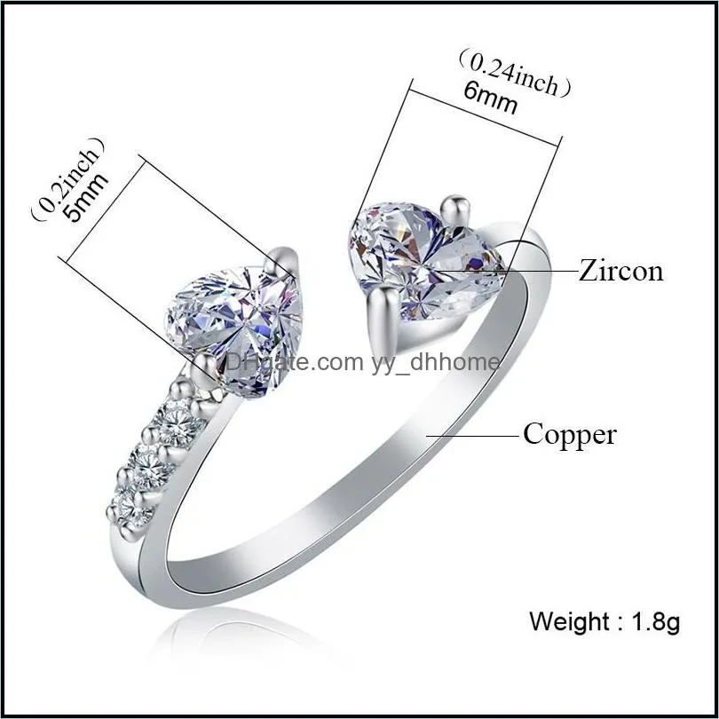 two heart opposite zircon ring adjustable opening ring foreign trade best-selling couple ring for women wedding anniversary jewelry-z