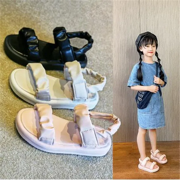Anti-rutschige Plattform Kinder Schuhe für Mädchen Sandalen 2022 Neue Sommer Ziemlich Plissee Oberfläche Schule Mädchen Flache Sandalen Kind