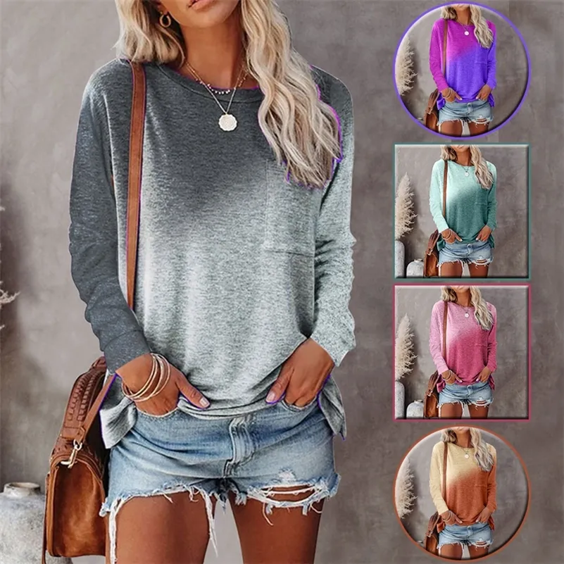 Patchwork Contrast Kleur Pocket Oversized T-shirt Vrouwelijke Kleding Vintage Casual Herfst Tops Dames Lange Mouw T-shirts 220321