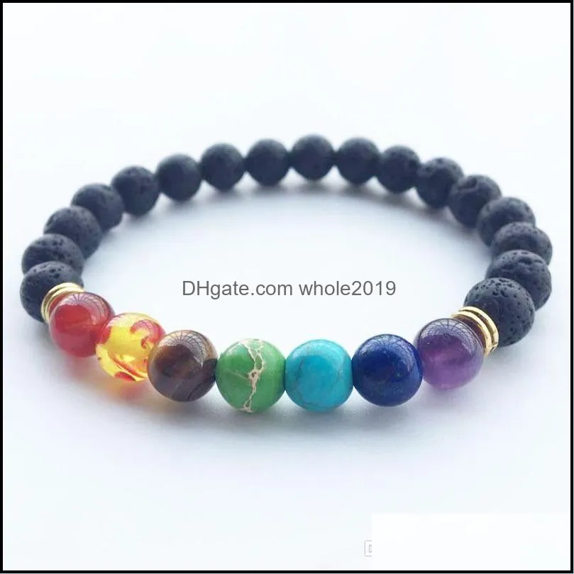 hot natural black lava stone bracelets energy 7 reiki chakra healing balance 8mm colorful beads bracelet for men women stretch yoga