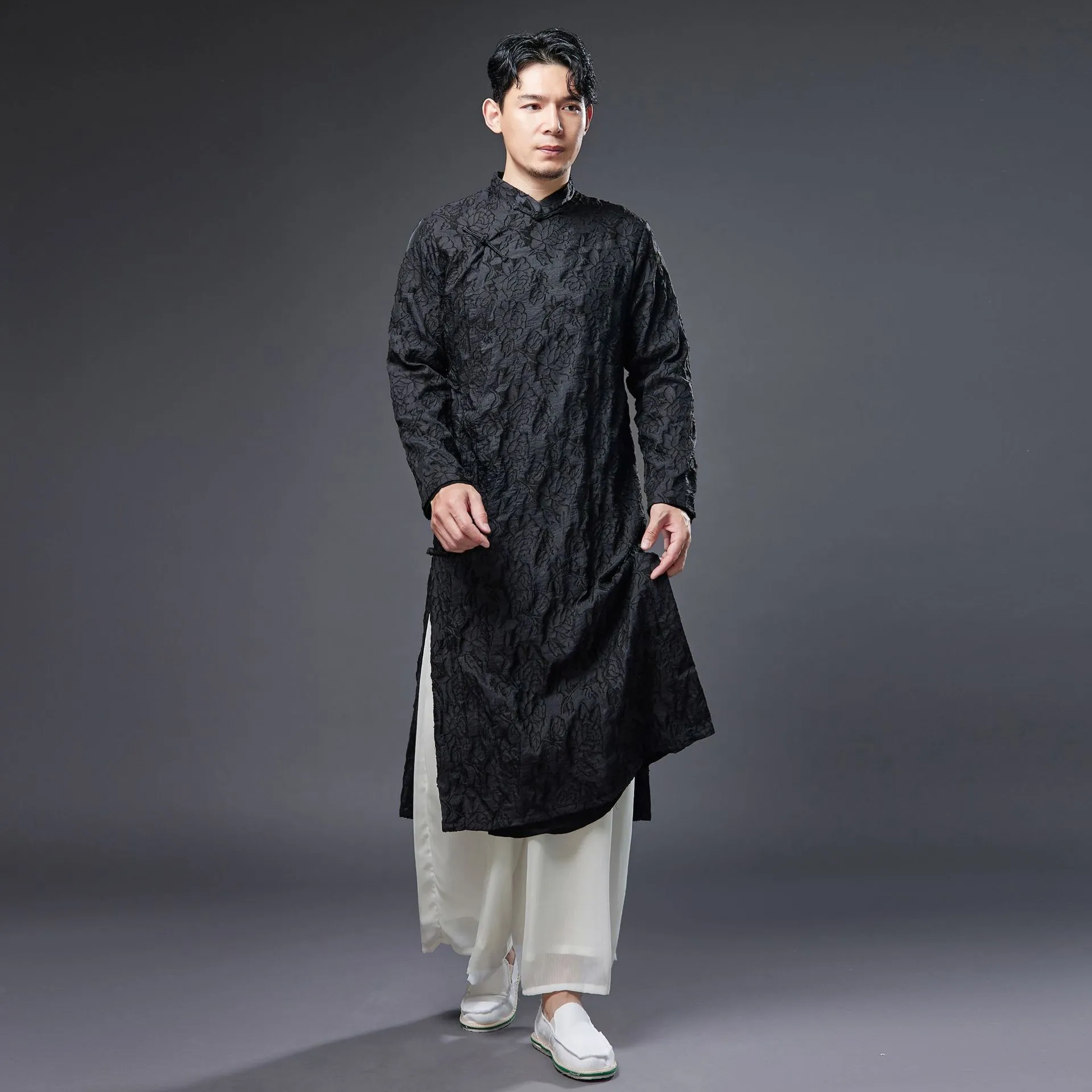 Mens Black White Tang Suit Vintage Chinese Robe, Stand Collar