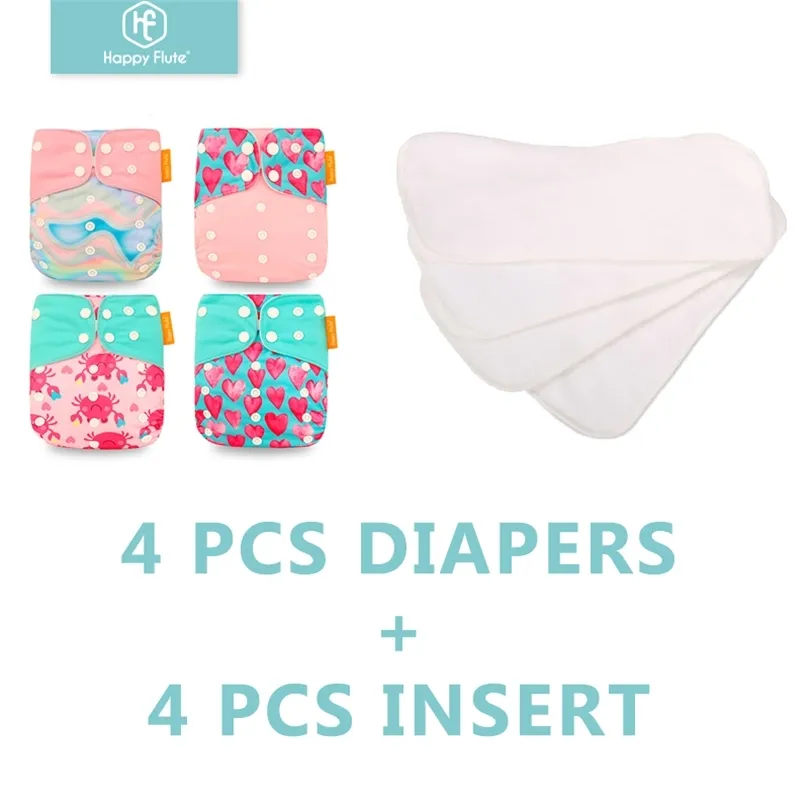 Happyflute 4Pcs Pocket Diapers+4 Pcs Microfiber Insert Reusable Washable Ecological Cloth Diaper Fit 3-15kg Baby 220512