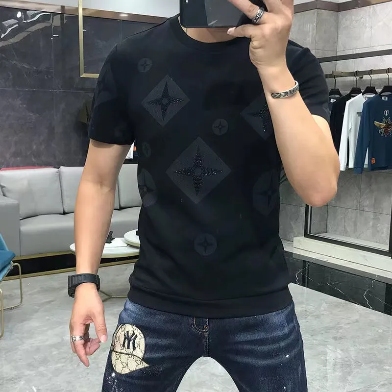 Hommes T-shirts Nouvelle Impression Strass Casual Haute Qualité Mâle Slim Tees Designer T-Shirt Col Rond À Manches Courtes Rose Bleu Blac228a