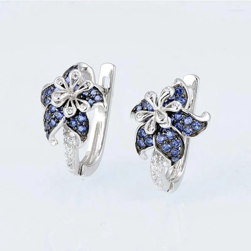 Hoop & Huggie 2022 Luxury Designer Blue Zircon Flower Hook Earring For Women Trendy Silver Plated Statement Female Jewelry Birthstone Gifts