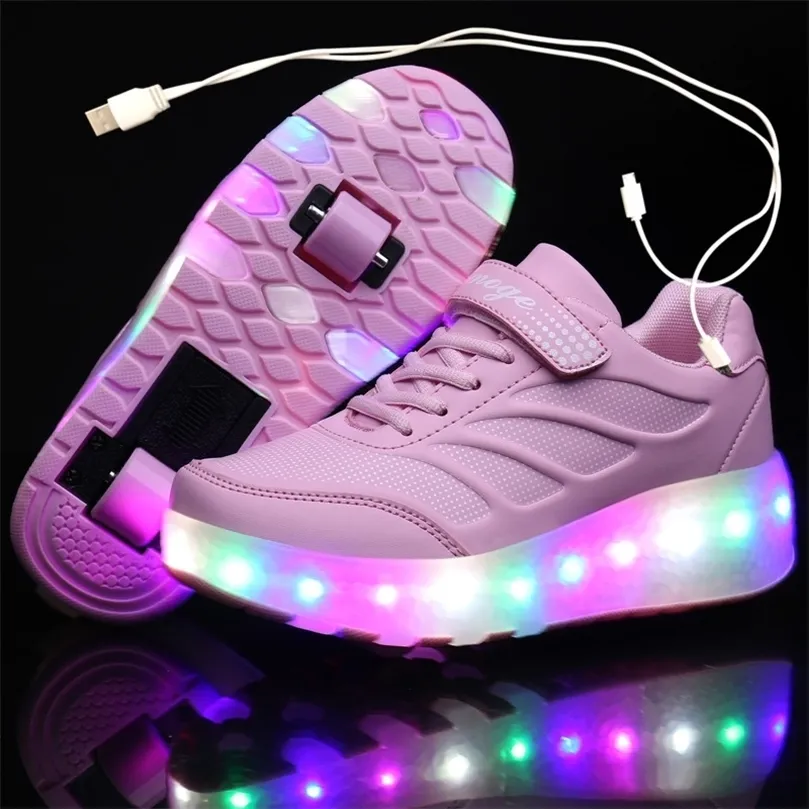 USB ładowanie czarne dwa koła świetliste trampki LED Light Roller Buty dla dzieci Buty LED Buty dla chłopców Buty dla dziewcząt 2843 220805