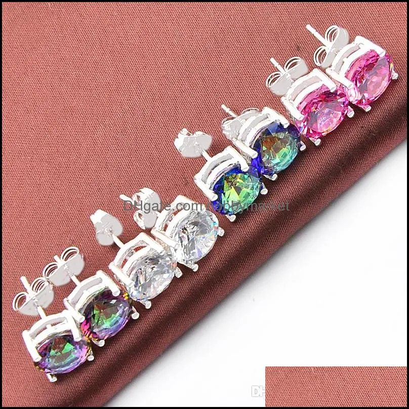 Luckyshine Mix 4Pairs Wedding Gift Fire Round Mystic Topaz Pink White Cubic Zirconia 925 Sterling Silver Men Women Stud Earrings Free