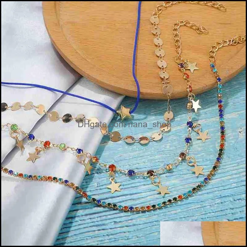 4Pcs / sets Luxury Colorful Crystal Stone Anklets For Women Gold color Wafer Star Pendant Rope Foot Chain Beach Jewelry