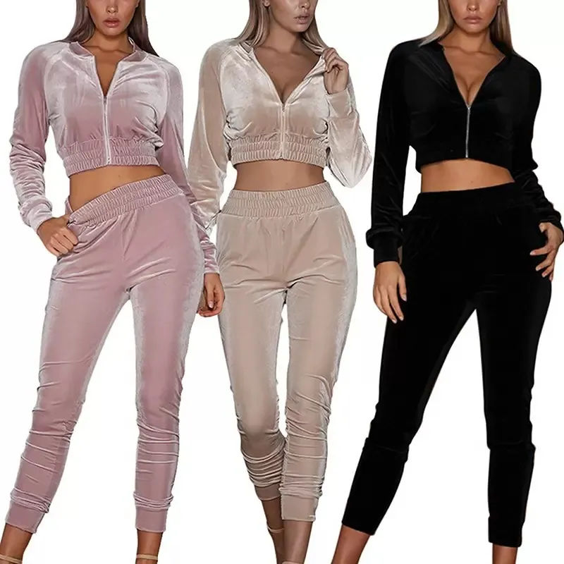 Partihandel Kvinnor Tracksuits Two Piece Sets Velvet Zip Crop Top Slim Sweatshirt och Jogger Pants Outfits