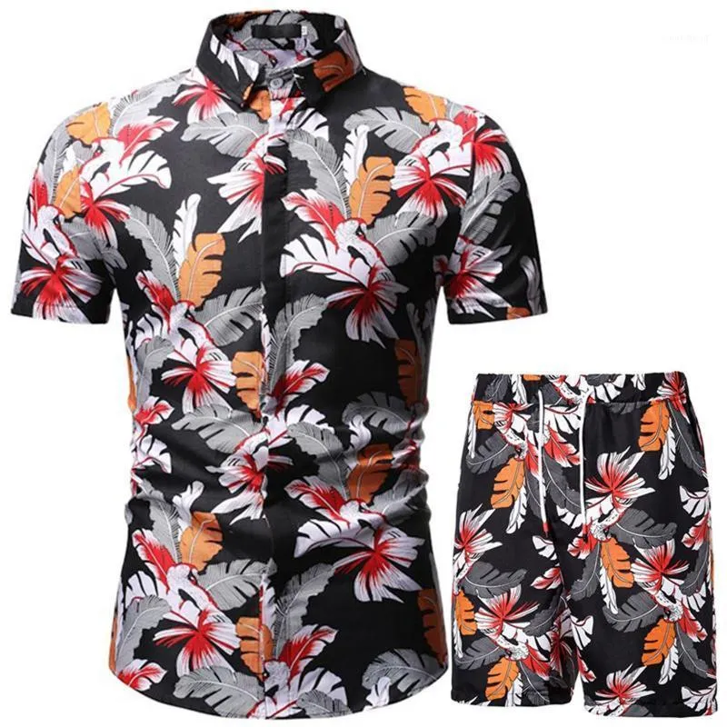 Botões de roupas de marca de manga botões 2-peças camisas Mens Hawaiian Masculino Casual Camisa Masculina Impresso Praia Calças Curtas Define Polos dos Homens