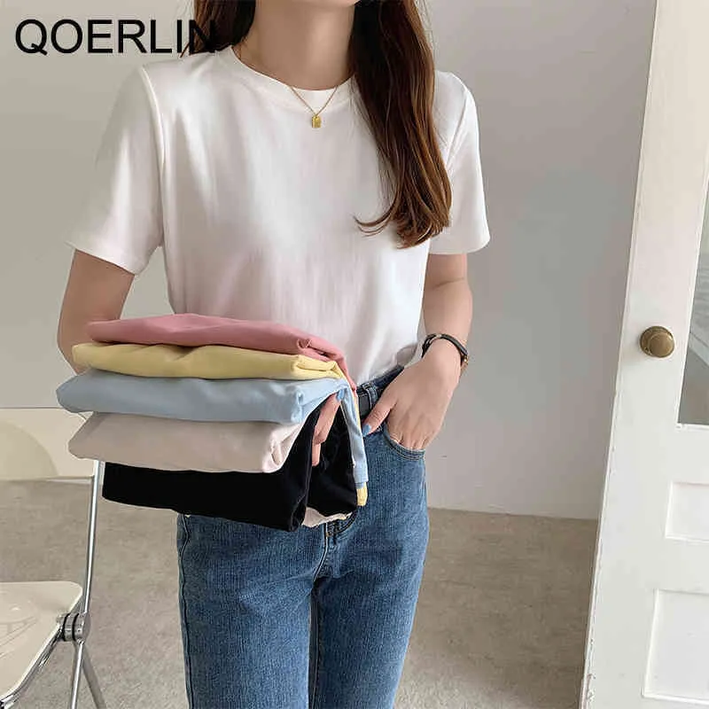 Qoerlin Candy Color Tops Basic Thirts Summer O Neck Shirt Tshirt Tshirt Womens Korean Loose Lase Ladies Basic Top 210412