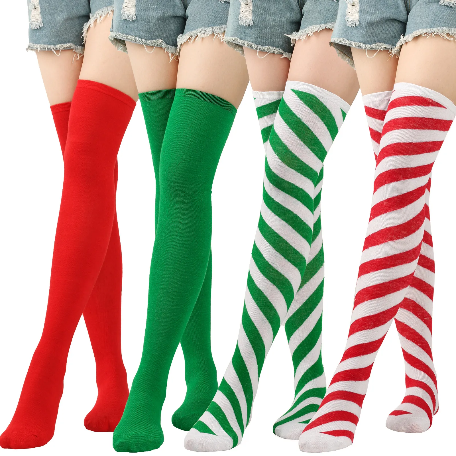 Frauen Girls Socken Halloween Weihnachtsfeierpartys Mode Kontrast gestreifte Ball Socken Knie High Socken Weihnachtsstreifen Strümpfe
