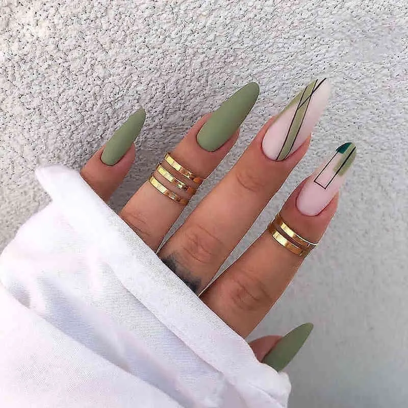 False Nails 24pcs Matte Green Patch with Glue Removable Long Paragraph Fashion Manicure Press on Nail Tips 0616