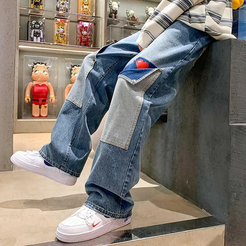 メンズジーンズの男性ローウエストズボンストリートウェアカジュアルバギーパッチワークグランジウーマンデニムヒップホップワイドレッグカーゴパンツプラスサイズの服