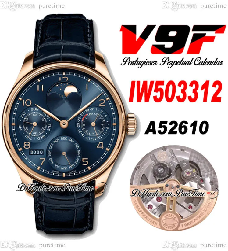 V9F 503312 Perpetual Calendar A52610 Automatic Mens Watch Rose Gold Blue Dial Number Markers Moon Phase Power Reserve Black Leather Strap Super Edition Puretime A1