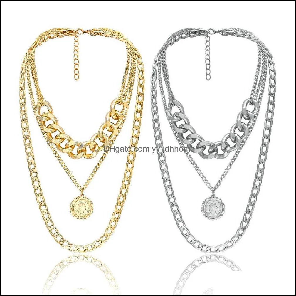 Hip Hop Hyperbole Multi Layer Thick Curb Cuban Link Chain Portrait Pendant Choker Necklace Women Fashion Jewelry