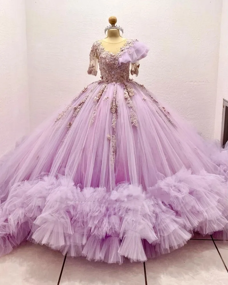 Robes De Quinceanera en dentelle lilas, avec des appliques en dentelle et des perles, demi-manches, robes De bal, 15 ans, 2022