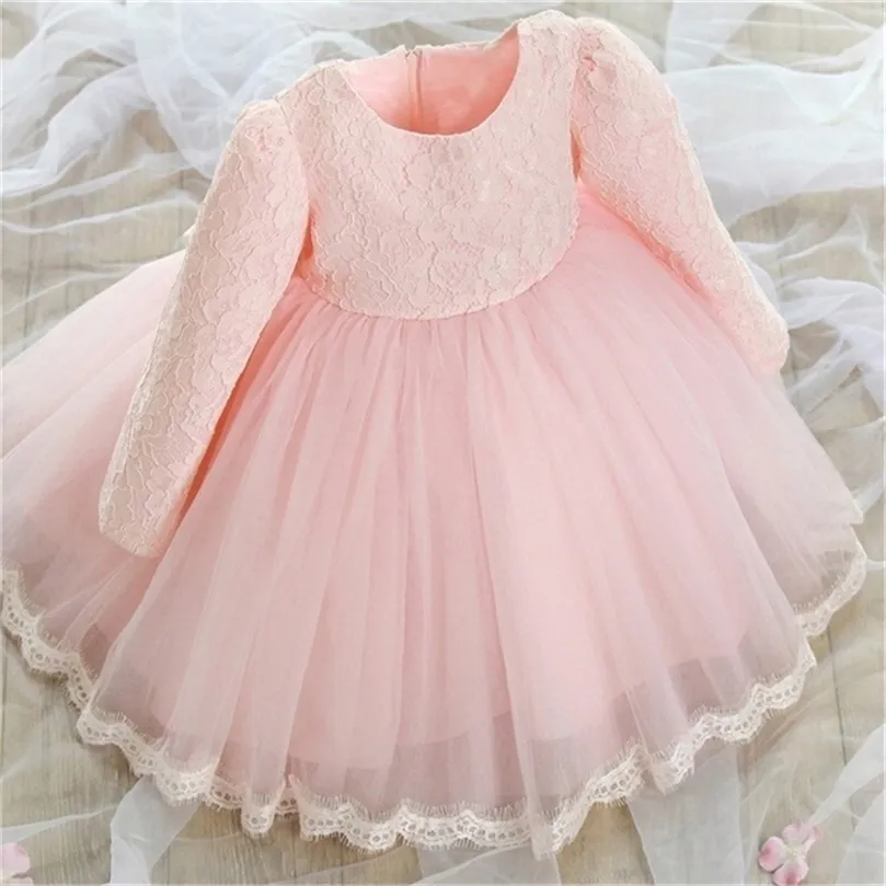女の赤ちゃんのピンクドレスエレガントなプリンセスドレス冬の長袖幼児ボールガウン洗礼ガウン0-LJ201223の幼児科