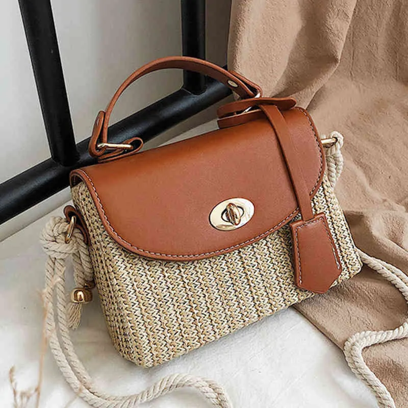 Sacos de compras de vime casual tecido de rattan mulheres bolsa bolsa de palha bolsa de desenhador de desenhador de estojo Crossbody para PU Splicing Bolsas Novo 220412