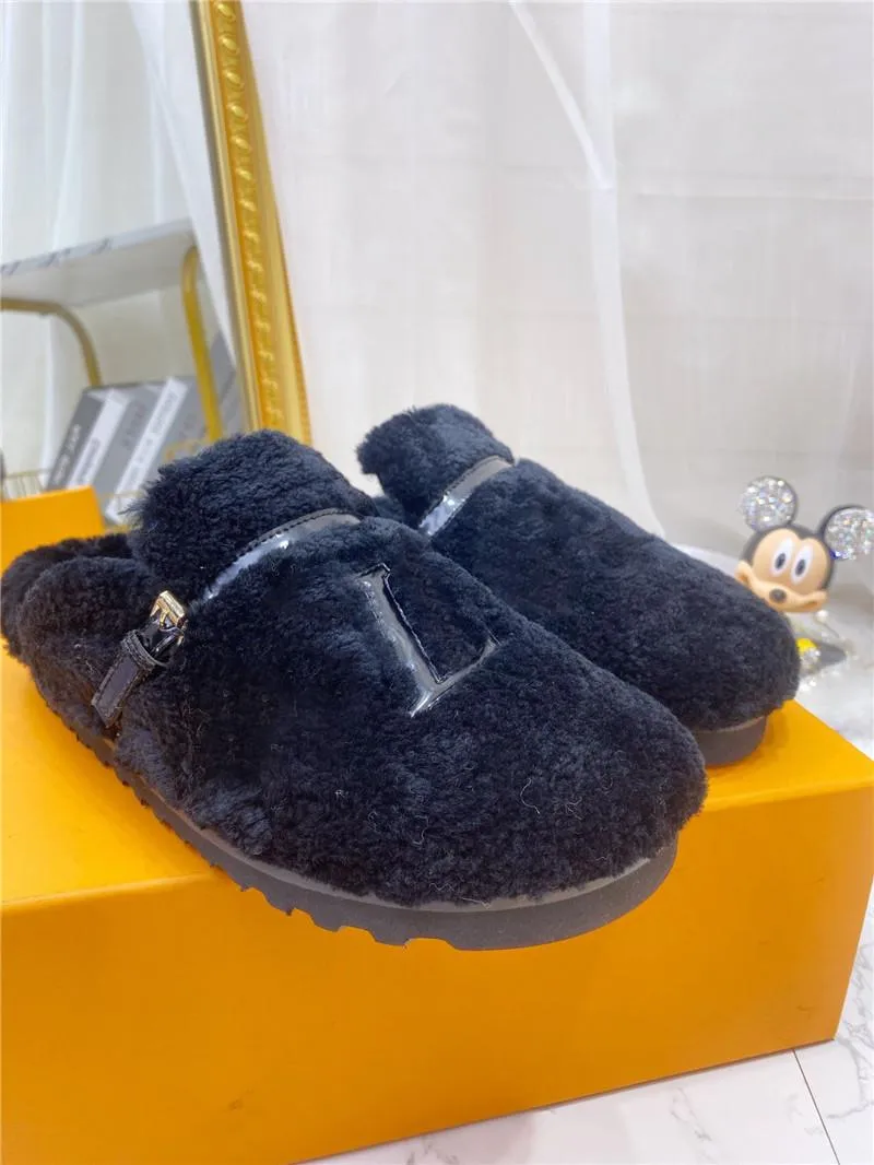 Designer Luxury PASEO FLAT COMFORT MULE SLIDES Slippers Sherpa Gray Mink Fur Bom Dia Flat Mules slipper With Box